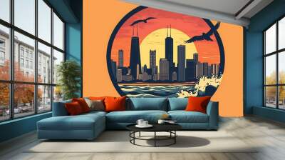 Serene Chicago Skyline Vector Icon in Coastal Circle - Sunset Silhouette with Beach Background and Waves Wall mural