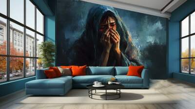 Unwell Person Wrapped in Blanket - Digital Painting Depicting Coughing in Cold Environment Wall mural