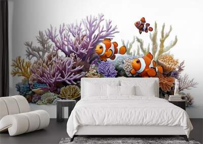 Vibrant Coral and Clownfish Symbiosis Illustration on White Background Wall mural