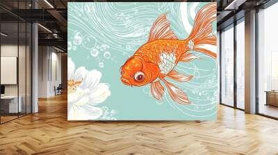 Whimsical Goldfish Dance - Playful Children's Book Illustration with Spirited Fish in Mint Background Wall mural