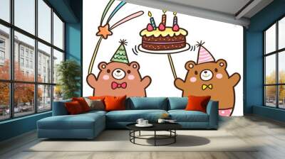 Cute two bears celebrate for birthday. Doodle happy birthday vector illustration. Wall mural