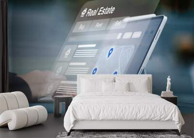 fictional online marketplace for real estate hovering as a hologram in front of a tablet computer in the background, purchase, rent, buy, financing, apartment, credit  Wall mural