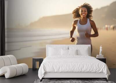 African American woman jogging on beach, health care fitness and outdoors activity concept Wall mural