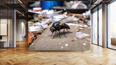 Flies land on piles of rubbish looking for food Wall mural