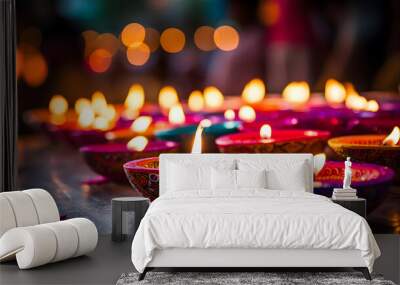 Happy Diwali, Deepavali Hindu festival of lights, clay diya candle oil lamp lit on dark background Wall mural