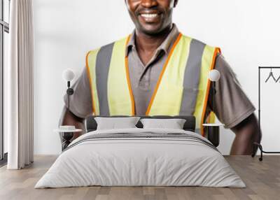 Smiling african american man wearing orange protective vest helmet on isolated white background Wall mural