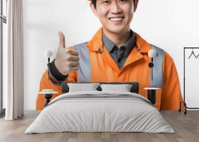 Smiling engineer man giving thumbs up wearing protective vest helmet on isolated white background Wall mural