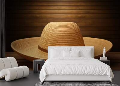 Sombrero hat on wood background, concept of fashion clothing accessories and beach holiday Wall mural