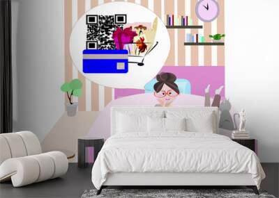 A woman sleeping in the house. Social distancing.  People illustration . Lady is shopping online with a credit card. QR code and cart products. Cute cartoon character person flat design . Wall mural