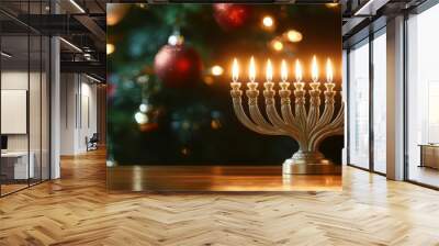 Glowing menorah in front of a decorated Christmas tree, bright and festive Wall mural