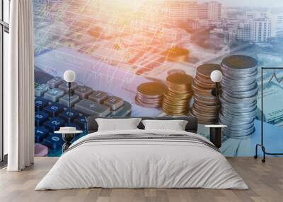 Double exposure of city and rows of coins for finance and banking concept Wall mural