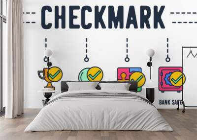 check marks banner web icon. education graduation cap, car delivery, trophy award, search, puzzle solution, bank safe, gear setting, pin location vector illustration concept. Wall mural