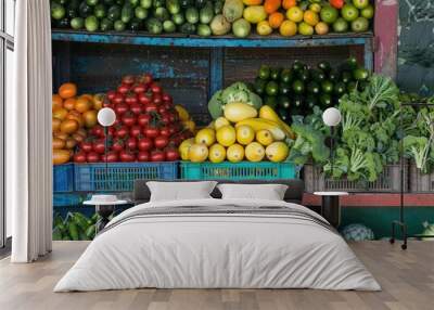 Photograph the colorful displays of fresh produce at a street market Wall mural