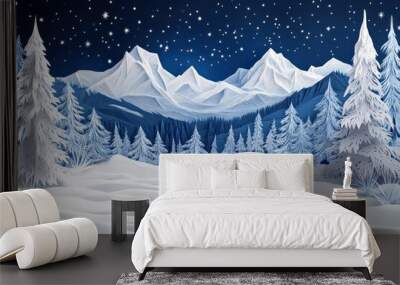 Snowy Mountains and Pine Trees Under a Starry Night Sky Wall mural