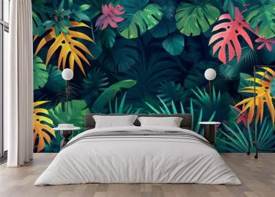 Dense tropical foliage, vibrant jungle, flat design, side view, lost world theme, cartoon drawing, vivid Wall mural