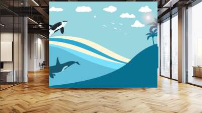 Vector Illustration Graphics, view of a beach with two orca whales, suitable for backgrounds, banners, posters, world orca day. Wall mural