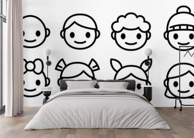 Line icons of childen of different ages and gender. Kids faces of happy boys and girls emoji set. Simple and cute isolated vector. Wall mural