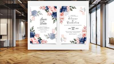 Floral wedding invitation template set with blue and brown roses flowers and leaves decoration. Botanic card design concept Wall mural