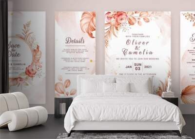 Floral wedding invitation template set with brown and peach roses flowers and leaves decoration. Foliage card design concept Wall mural