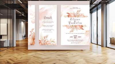 Floral wedding invitation template set with brown and peach roses flowers and leaves decoration. Foliage card design concept Wall mural