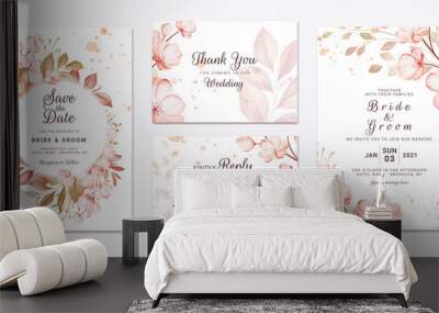 Floral wedding invitation template set with brown sakura flowers and leaves decoration. Botanic card design concept Wall mural