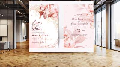 Floral wedding invitation template set with brown sakura flowers and leaves decoration. Botanic card design concept Wall mural