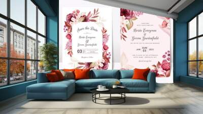 Floral wedding invitation template set with elegant burgundy and brown roses flowers and leaves decoration. Botanic card design concept Wall mural