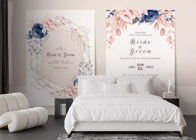 Floral wedding invitation template set with navy and peach watercolor roses and leaves decoration. Botanic card design concept Wall mural