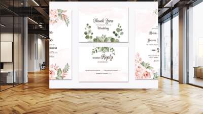 Floral wedding invitation template set with white and peach roses flowers and leaves decoration. Botanic card design concept Wall mural