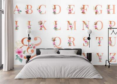 Gold floral alphabet set A - Z plus & with pink flowers, leaves, and gold glitter. Flowers composition for logo, wedding cards, branding, etc Wall mural