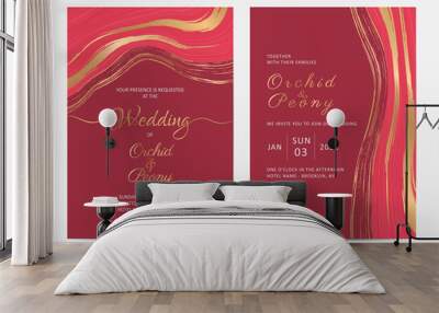 Liquid marble wedding invitation cards template. Trendy red abstract fluid with golden decoration background for greeting card, poster, or multi-purpose use. Luxury gold cards template vector Wall mural