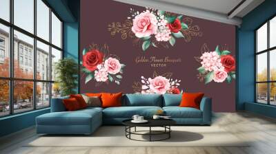 Set of golden watercolor bouquets for logo or wedding card composition. Botanic decoration illustration of peach and red roses, leaves, branches, and glitter Wall mural