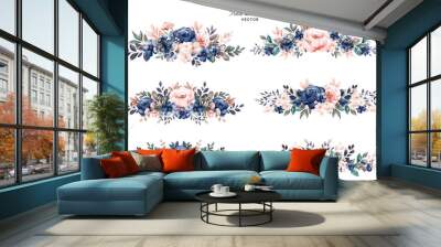 Set of watercolor floral frame bouquets of navy and peach roses and leaves. Botanic decoration illustration for wedding card, fabric, and logo composition Wall mural