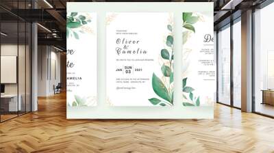 Wedding invitation card template set with leaves border. Flowers decoration for save the date, greeting, poster, cover, etc. Botanic illustration vector Wall mural