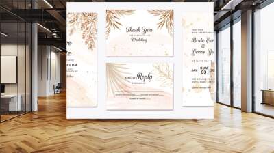 Wedding invitation template set with brown and peach dried floral and leaves decoration. Botanic card design concept Wall mural