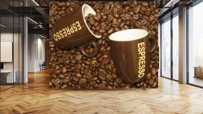 coffee beans as a background with two espresso cups Wall mural