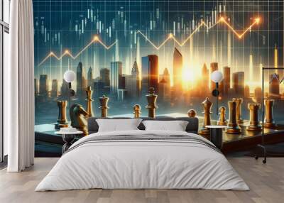 a chessboard with golden and silver skyscraper pieces, representing major city landmarks. Wall mural