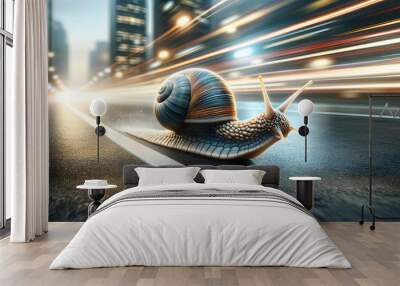 a snail speeding on a road, capturing a sense of motion. The background features a blurred urban environment with lights and buildings Wall mural