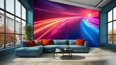 Luminous curved neon light trails flowing through a deep mysterious dark background creating dazzling abstract digital compositions with a retrofuturistic utopian vision Wall mural