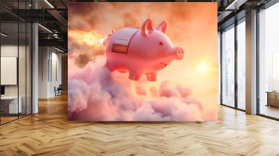 Surreal Depiction of a Shiny Pink Piggy Bank Rocket Taking Off Amidst Fiery Flames and a Dynamic Gradient Sky Background Capturing a Whimsical and Prosperous Financial Concept Wall mural