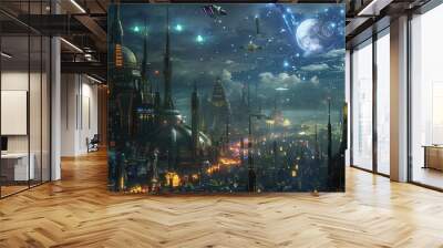 A 3D render background featuring a futuristic cityscape with sleek, towering buildings, neon lights, and flying vehicles, set against a dark, starry night sky, creating a scene full of depth and Wall mural