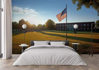 A classic image of an American flag waving proudly on a flagpole in front of a school, with children arriving for a special Labor Day assembly, the morning sun shining brightly, the flag casting a Wall mural