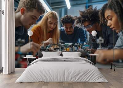 A dynamic and engaging scene of a group of students collaborating on a robotics project in a modern lab. The students, representing a diverse mix of backgrounds, are gathered around a table filled Wall mural