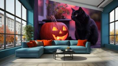 A lone black cat sitting on a doorstep beside a carved pumpkin with a smiling face as the evening sky turns a deep purple Wall mural