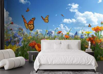 A wildflower meadow in full bloom with a variety of colorful flowers, a clear blue sky above, and butterflies and bees buzzing around, creating a vibrant and cheerful natural scene perfect for a Wall mural