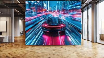 An autonomous vehicle driving through a smart city with AI systems monitoring traffic pedestrian safety and efficient route planning the vehicle seamlessly navigating the urban environment Wall mural