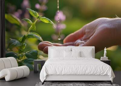 Close-up of essential oil drops being applied to a hand, with fresh basil and lavender herbs in the background Wall mural