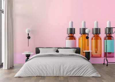 Illustrated focus on a row of dropper bottles with natural medicine inside, isolated on a pastel background with space for additional design elements Wall mural