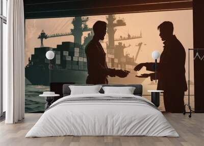 Cartoon silhouette of two men making a deal over cargo ship background. Generative AI Wall mural