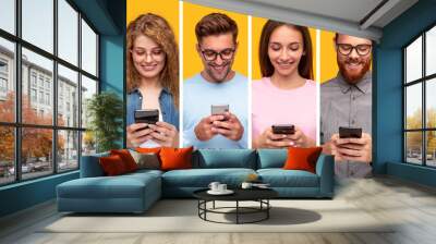 Contemporary people using smartphones and smiling Wall mural